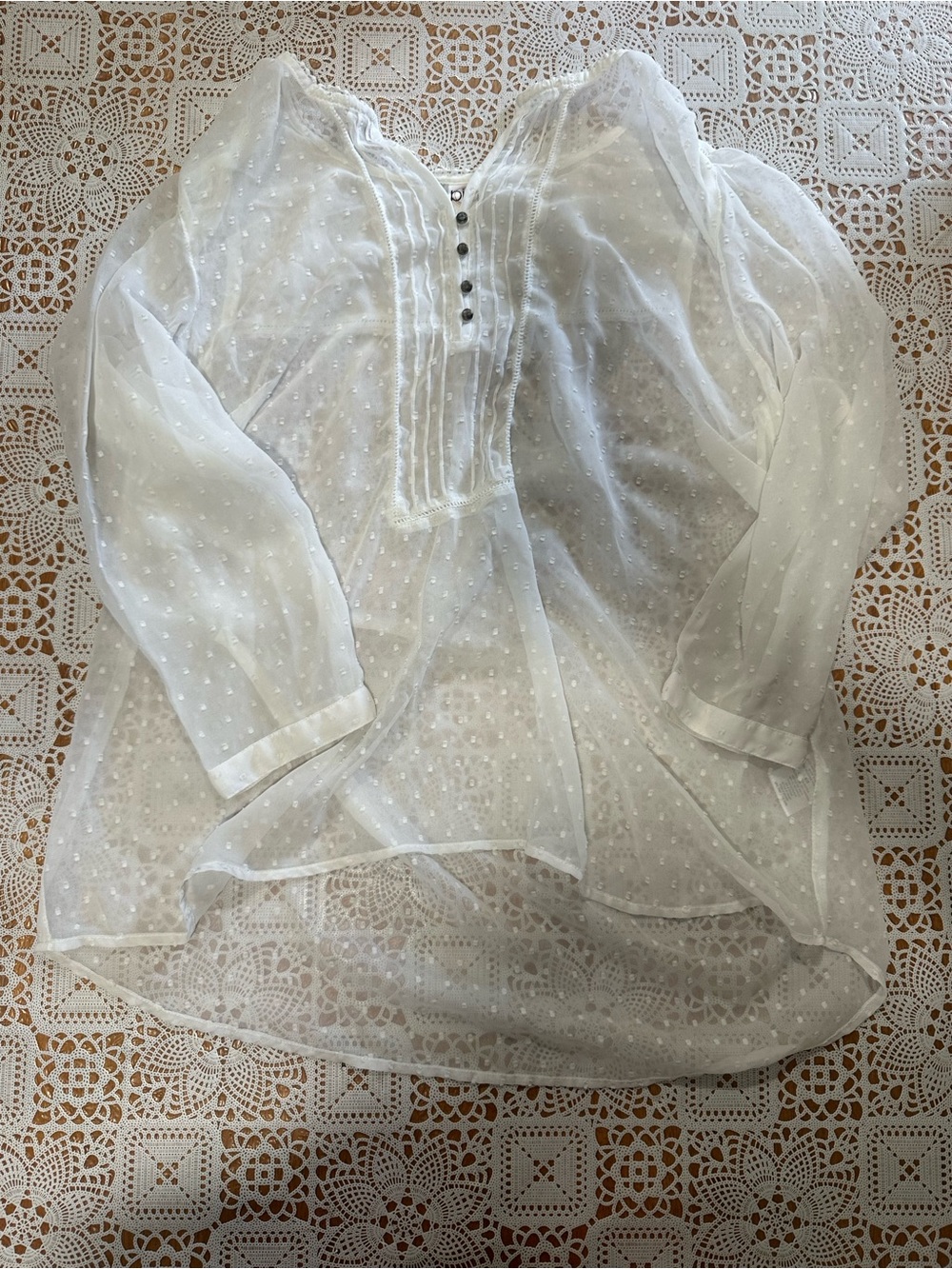 Bila XL White Swiss Dot Sheer Boho Tunic Blouse Pintuck 3/4 Sleeve